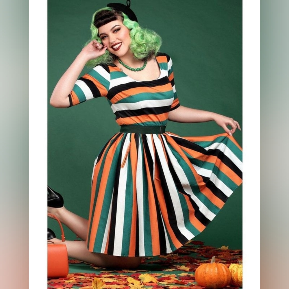 Unique Vintage/Collectif Amber Lea Pumpkin Stripe Dress Size M - Picture 7 of 16